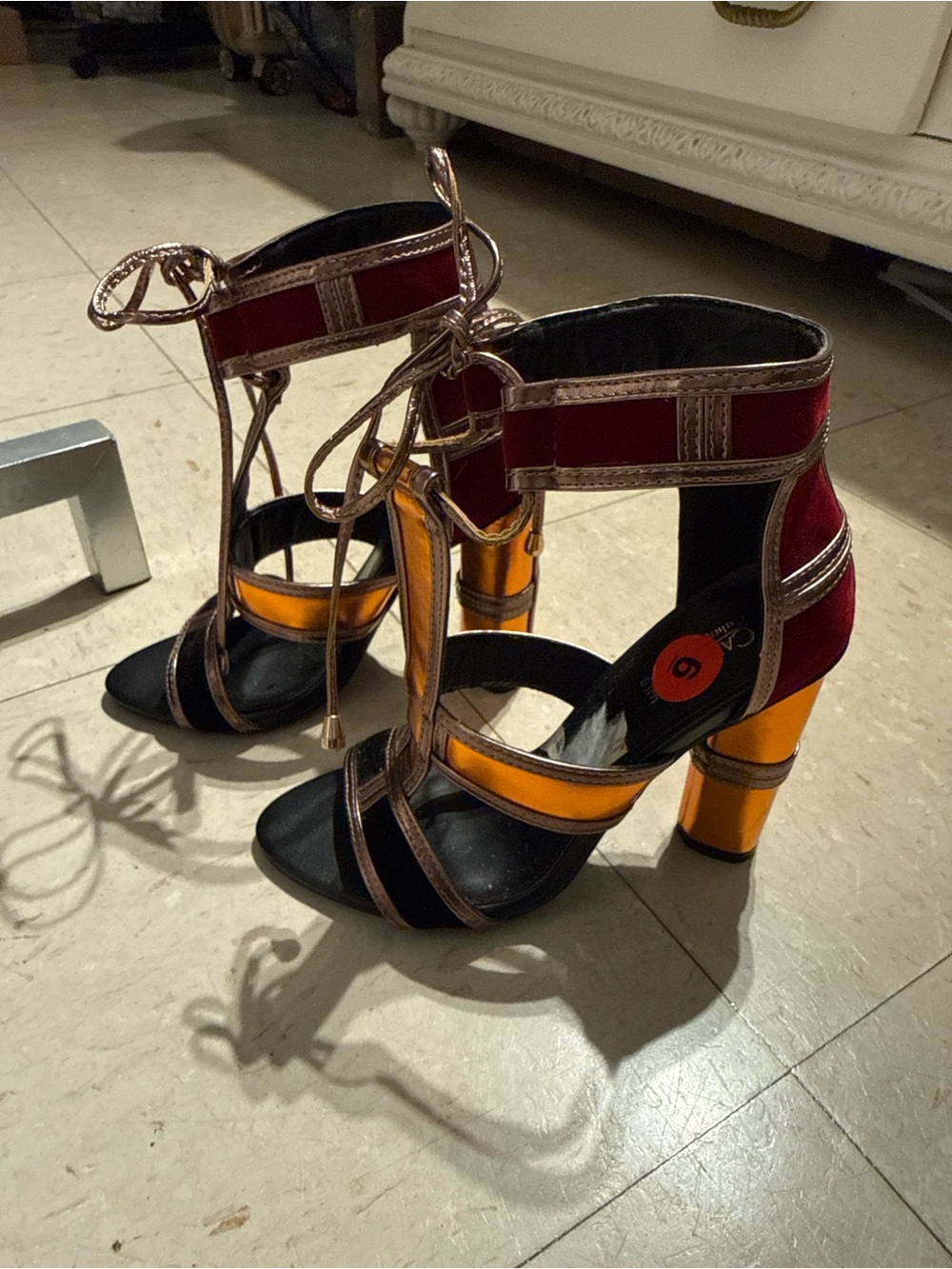 Catherine Malandrino Red Velvet & Metallic Gold Block Heel Sandals